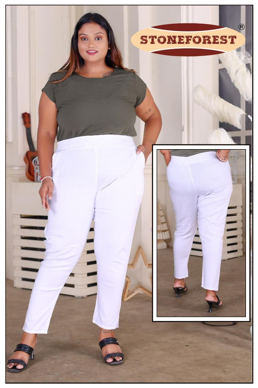 White Plus Size Lycra Solid Pant