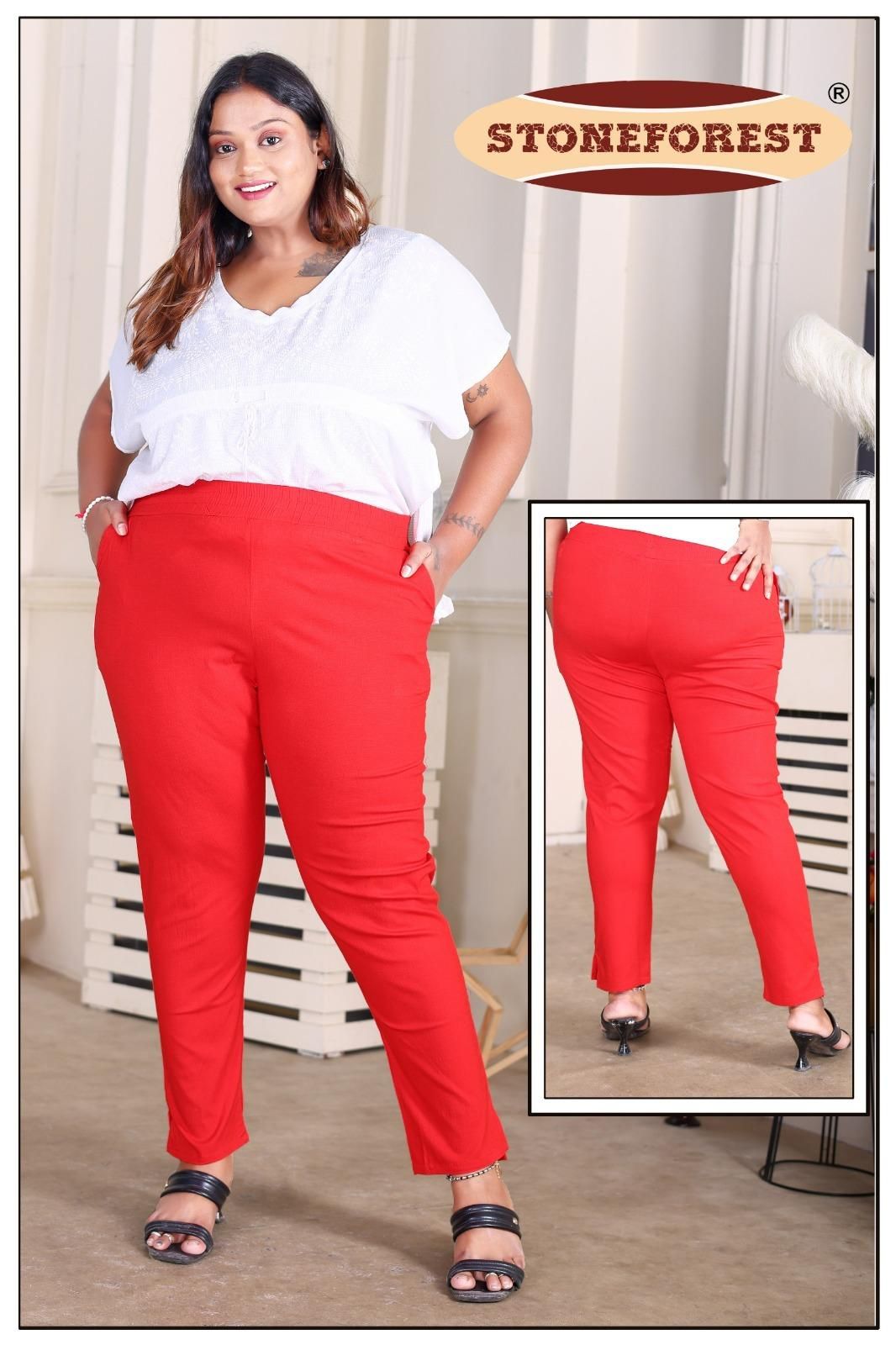 Scarlet Bright Red Plus Size Lycra Solid Pant