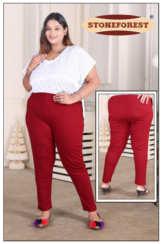 Imperial Dark Red Plus Size Lycra Solid Pant