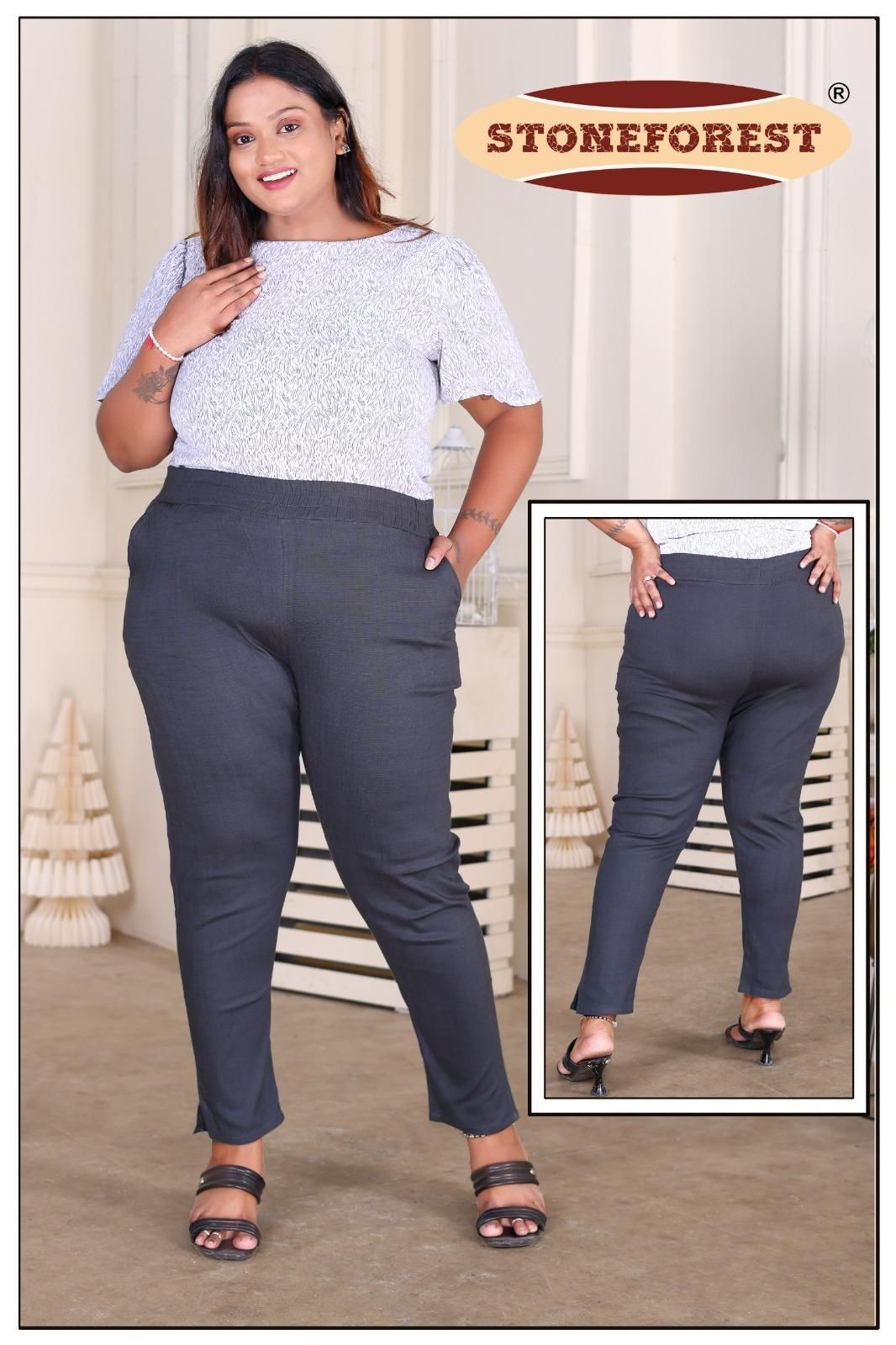 Grey Plus Size Lycra Solid Pant