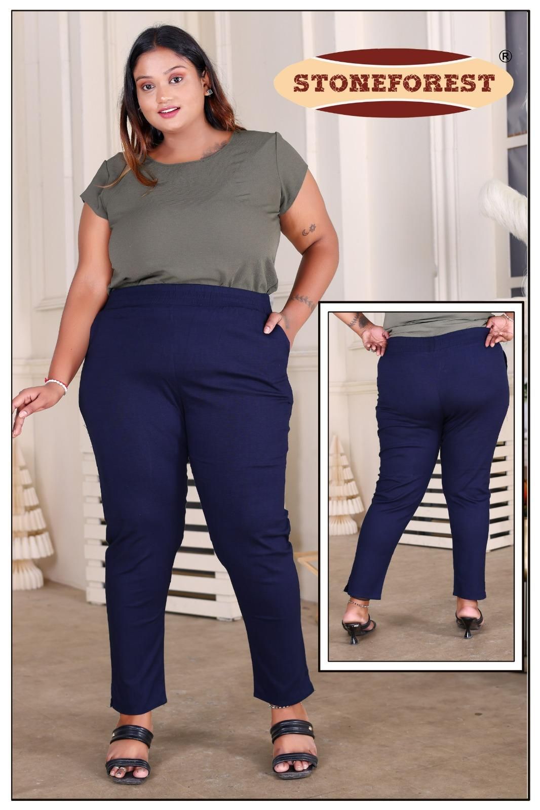 Dark Blue Plus Size Lycra Solid Pant