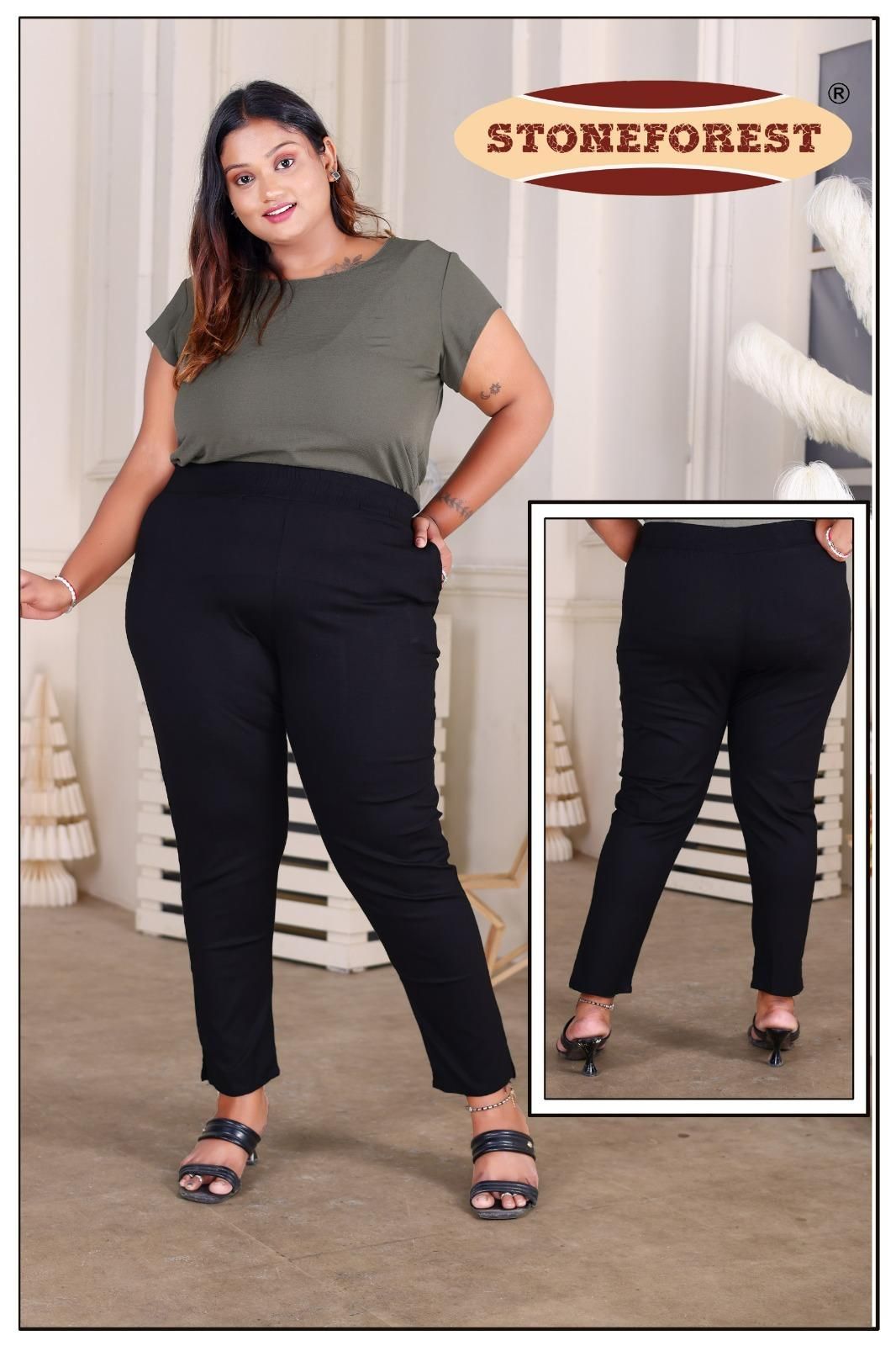 Black Plus Size Lycra Solid Pant